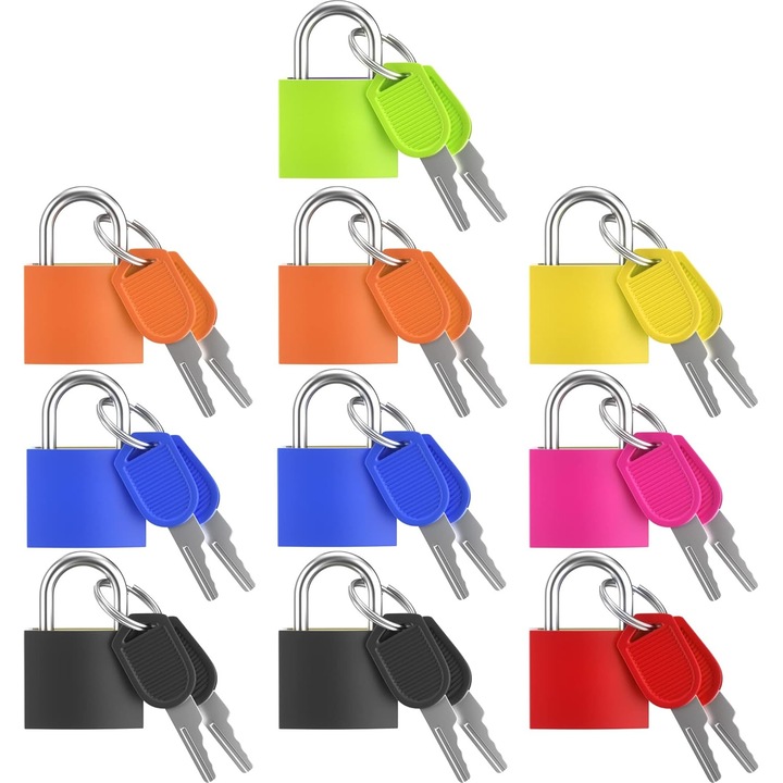 Set 10 lacate mici cu cheie, 7 culori, 35x23mm, pentru bagaje, genti de calatorie, cutii de unelte