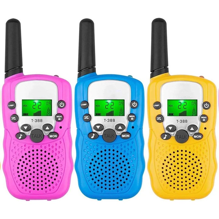 Set de 3 walkie-talkie cu ecrane LCD iluminate si lanterne, 3 mile, pentru copii, activitati in aer liber, camping, drumetii