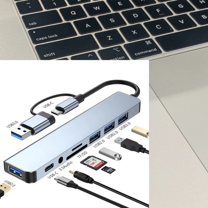 Többfunkciós 8 az 1-ben hub, TF/SD kártyaolvasó, USB 3.0, USB és Type-C portok, többszínű