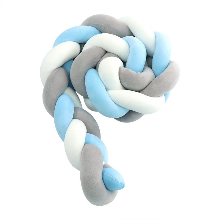 Perna decorativa impletita, 200cm, forma de cuib, material tricotat, albastru + alb + gri