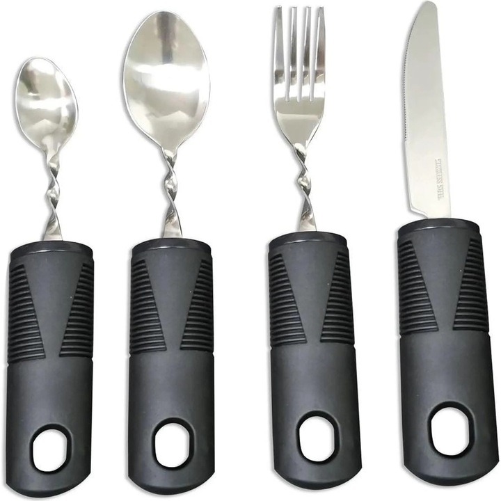 Set de tacamuri ergonomice din inox, 4 piese, manere flexibile, antiderapante, pentru persoane in varsta, multicolor
