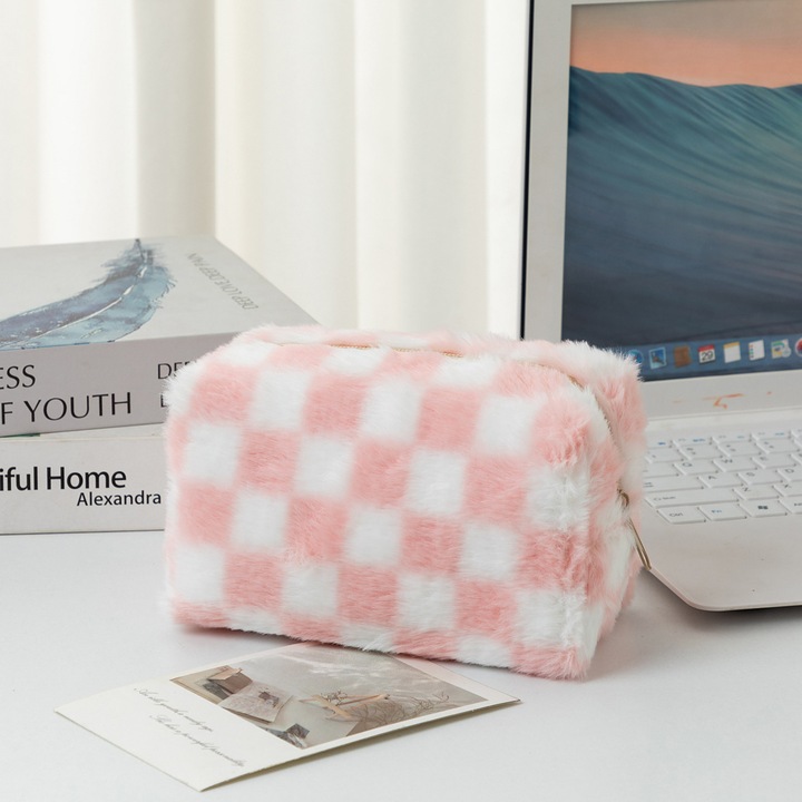 Penar cu fermoar, design carouri roz si alb, dimensiuni mari, organizator pentru scoala, birou si calatorii