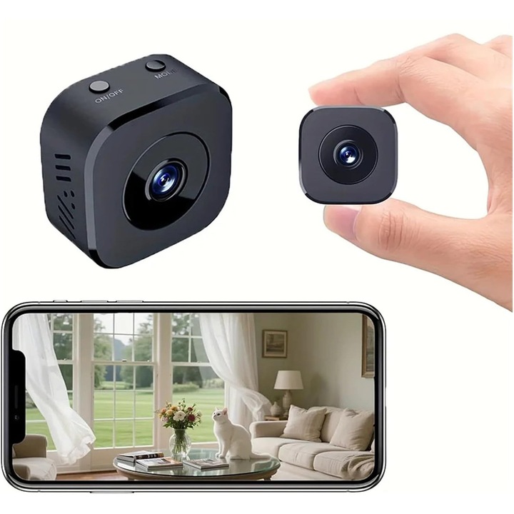 Camera de supraveghere ultra-compacta, 1920x1080P, functie de monitorizare de la distanta, viziune nocturna, neagra