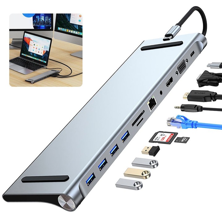 USB-C elosztó 11 az 1-ben, 4K, VGA, 100W, 28x8x1.9cm