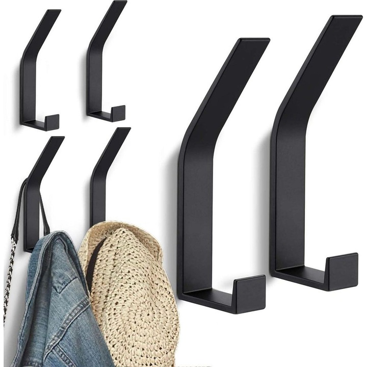 Set de 6 cuiere moderne negre, montare pe perete, design minimalist, din aliaj de aluminiu, 4mm, rezistente la apa si rugina