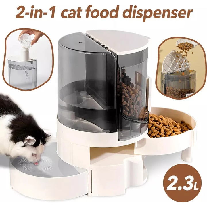 Set de hranire si apa pentru animale, 2-in-1, capacitate 1.2L hrana, 1.1L apa, gri, 16x25.5cm