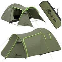 Cort camping Vayox VA0429 TRAVELER PRO 3 persoane, impermeabil, Spatios, 4.9kg, cu veranda, cu fereastra, cu fermoare duble, 240x410cm, Verde