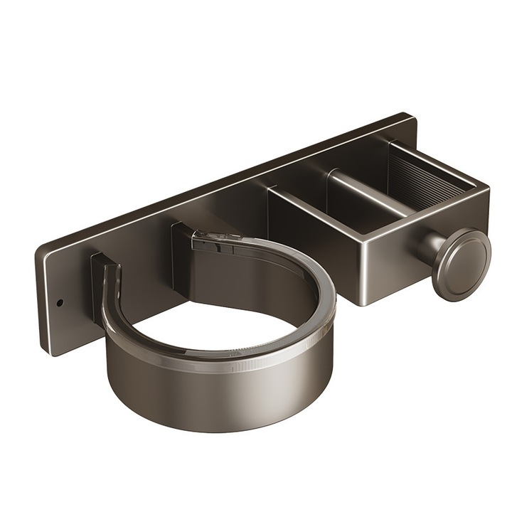 Suport perie de par montat pe perete, negru, design simplu, din otel inoxidabil, cu compartimente pentru uscator si indreptator