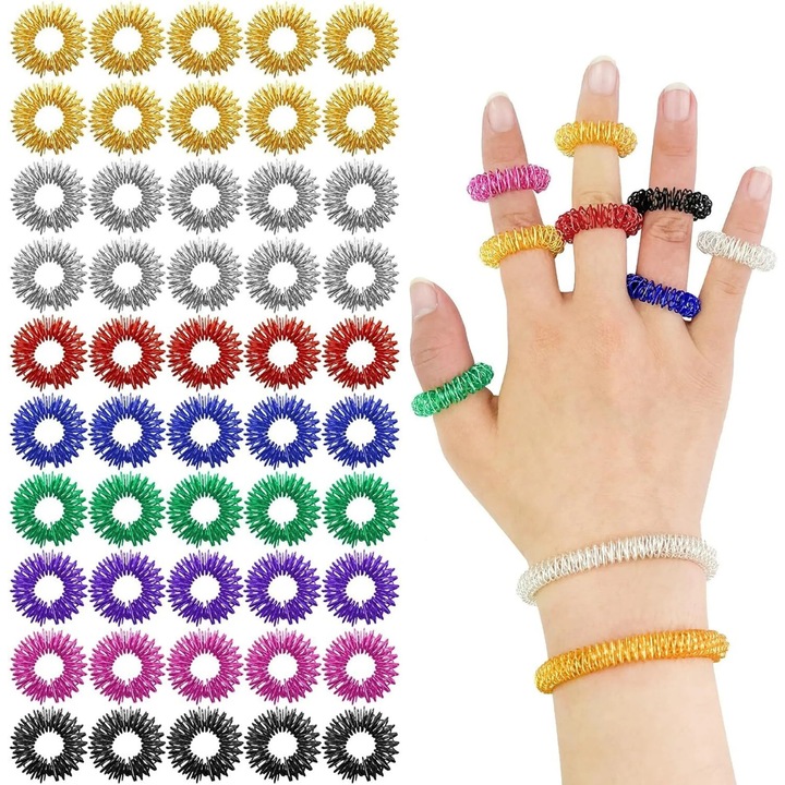 Set de 52 de piese, aparate de masaj, 50 inele senzoriale multicolore, 2 bratari de masaj, dimensiuni variate.