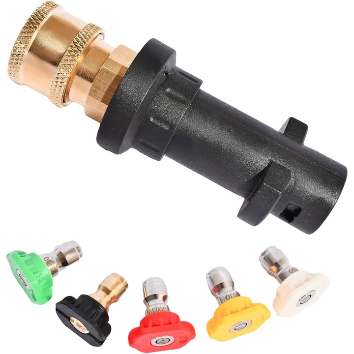 Set accesorii adaptor pentru aparate de spalat cu presiune Karcher K2-K7, 5 duze, plastic rezistent, conector cupru