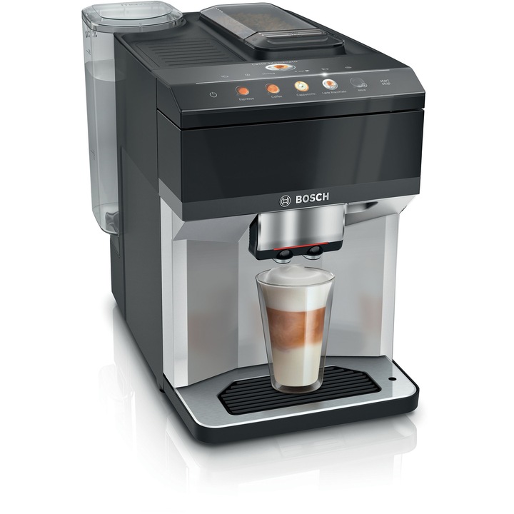 Espressor automat Bosch VeroCafe TPE40307, 1500W, 9 bauturi, 15 bari, Touch control & display color, 1.9 l, rasnita ceramica, dispozitiv spumare lapte MilkMagic Plus, Negru/argintiu
