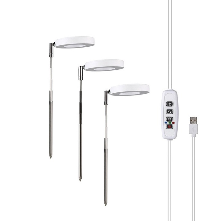 Lumina pentru cresterea plantelor, tip halo, spectru complet rosu si albastru, inaltime ajustabila 16.5-60cm, 10 niveluri de intensitate, set de 3 lumini.
