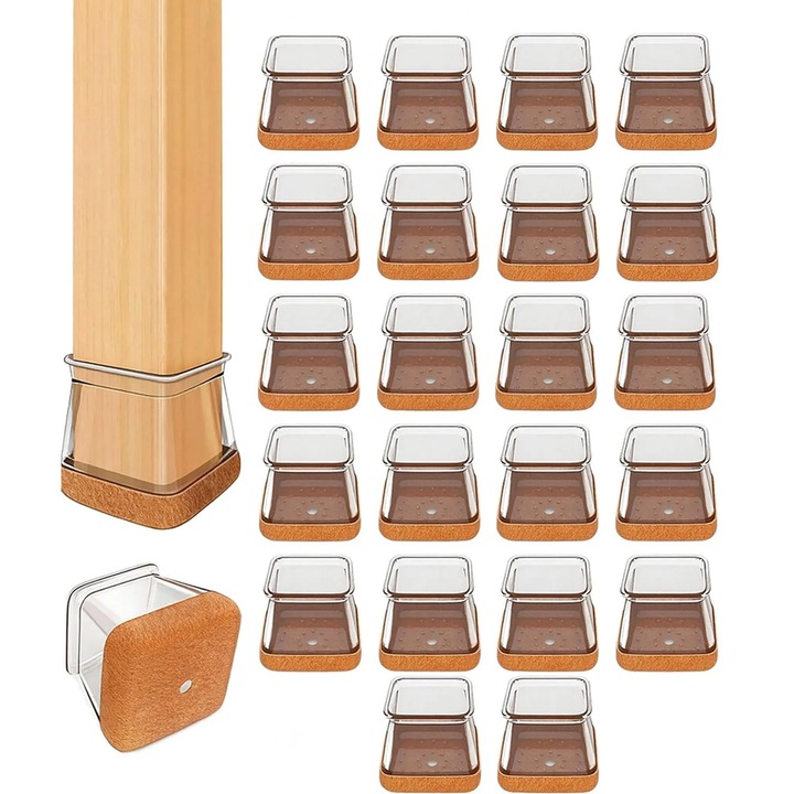 Set de 24 protectii din silicon si fetru pentru picioarele scaunelor, antiderapante, transparente si negre, potrivite pentru 21-26mm