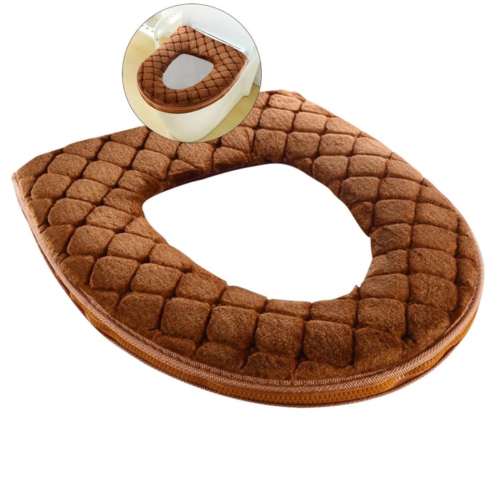 Set 2 huse pentru capac de toaleta, captusite, groase, lavabile, cu fermoar, maro