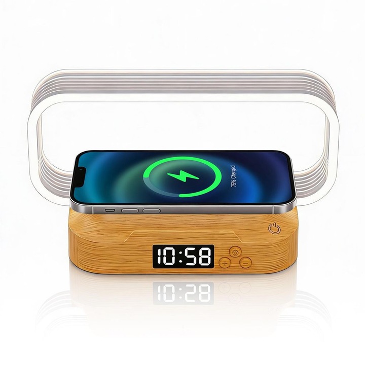Veioza multifunctionala 4 in 1, cu incarcare wireless 15W, ceas digital, suport telefon, dimabil, acrilic, 3000K/4500K/6000K