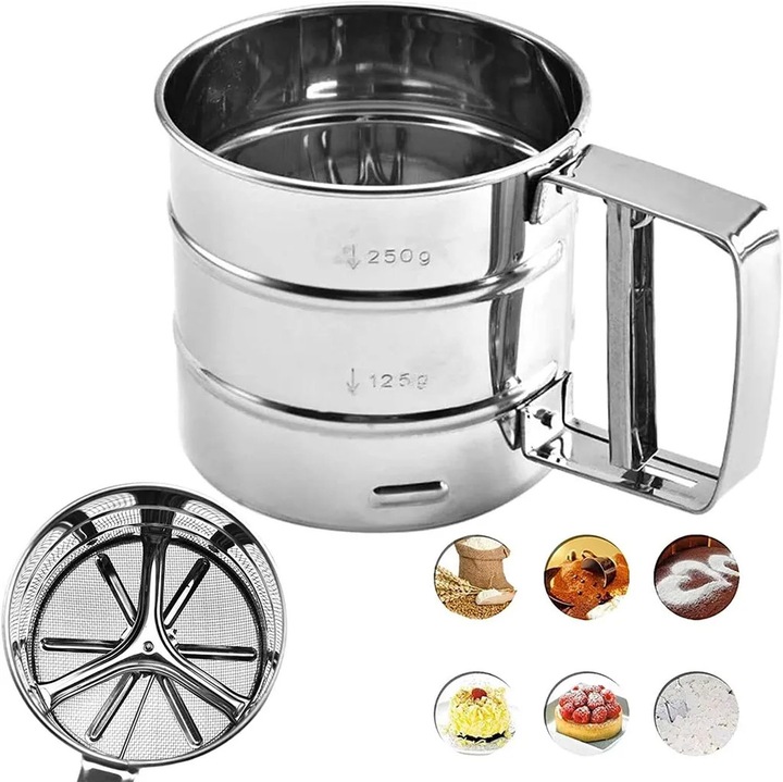 Sita de faina din otel inoxidabil, cu mana unica, pentru faina si zahar pudra, design ergonomic