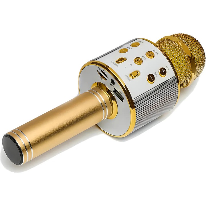 Microfon Karaoke Bluetooth 2 in 1, aurie, 23x7x7 cm, cu functie de inregistrare, pentru copii si adulti