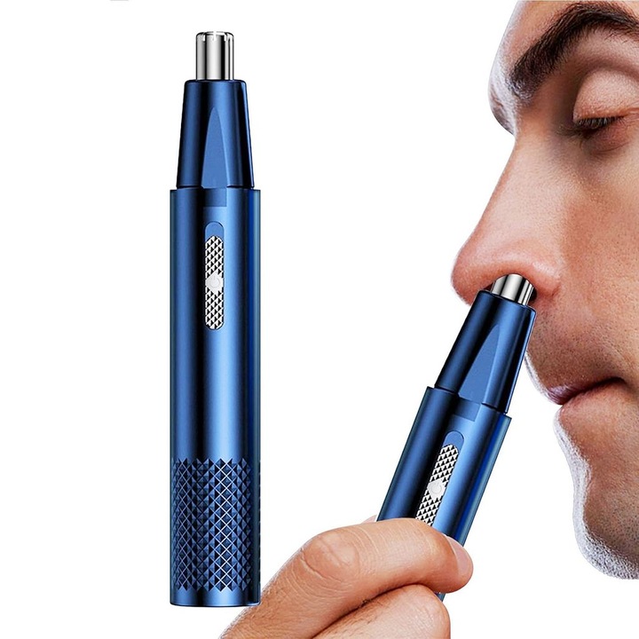 Aparat de tuns parul din nas si urechi, 6000 RPM, compact, 15x1cm, albastru, set cu cablu de incarcare