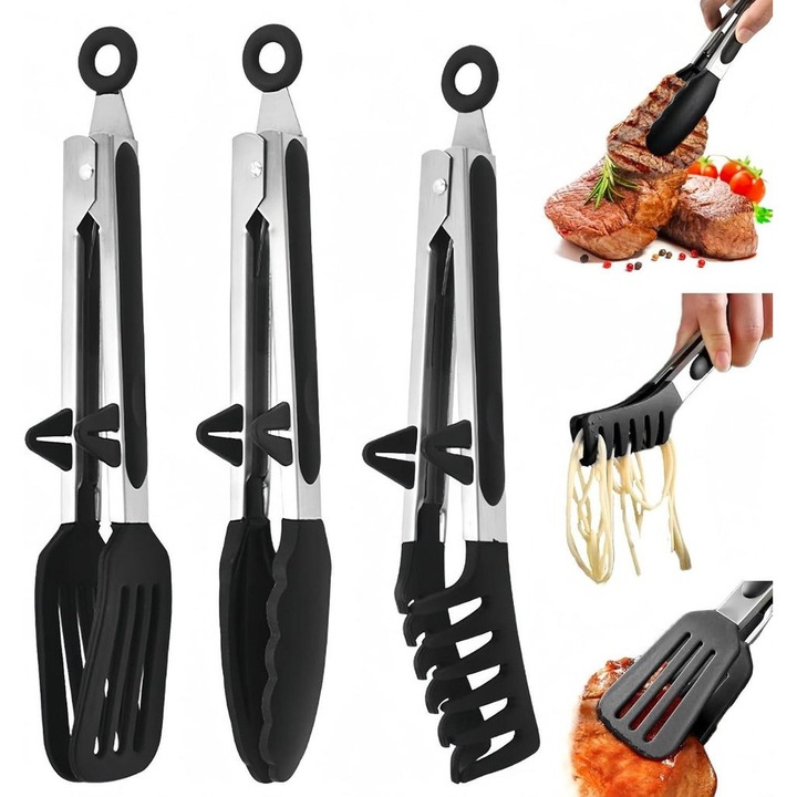 Set 3 polonice din inox, 23cm, cu suport, silicon alimentar, anti-arsuri, rezistent la temperaturi ridicate