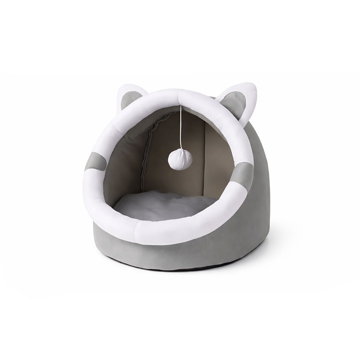 Casuta pentru pisici tip igloo RedLine, cu jucarie, pat moale pentru pisica, interior cald si confortabil, 31x27x27 cm, Gri