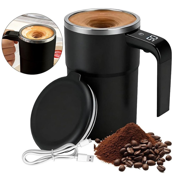 Cana termica auto-amestecatoare cu indicator de temperatura, 380ml, roz, negru, alb