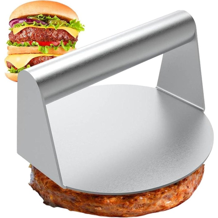 Presa pentru hamburger din otel inoxidabil, 5.5 inch, design rotund, usor de curatat, utilizare versatila