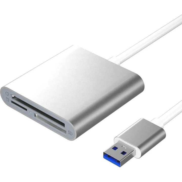 Cititor de carduri USB 3.0, aluminiu, suporta Micro SD, SDHC, CF, MMC, alb