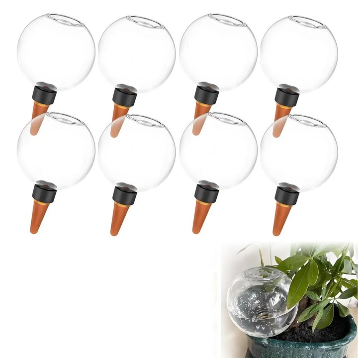 Set de 8 bile de udare, dispozitiv automat de udare a plantelor, capacitate 500 ml, ceramica si PP, multicolor