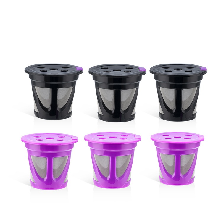 Capsule reutilizabile pentru cafea, 6 bucati, 3 negre + 3 mov, compatibile cu aparate Keurig 2.0