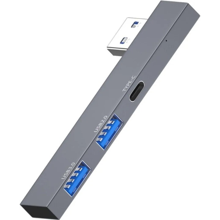 Hub 3-porturi USB 3.0/2.0 si Type-C, gri, 80x14x7mm