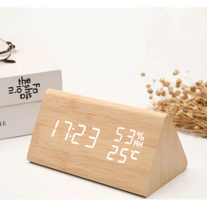 Ceas desteptator digital din lemn cu control vocal, afisare umiditate, temperatura si data, alimentare duala