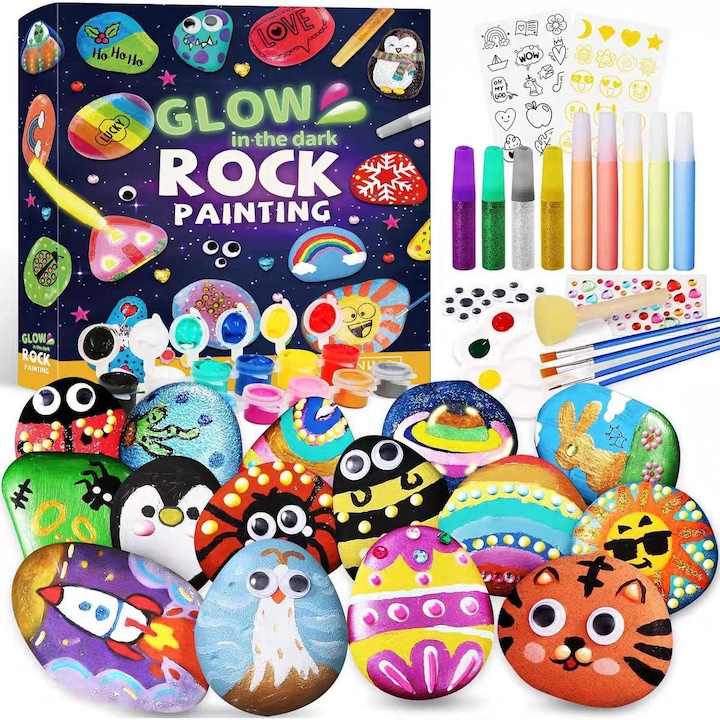 Set de pictura pe pietre, 12 piese, culori stralucitoare in intuneric, 3-6 cm, pentru copii de la 6 ani