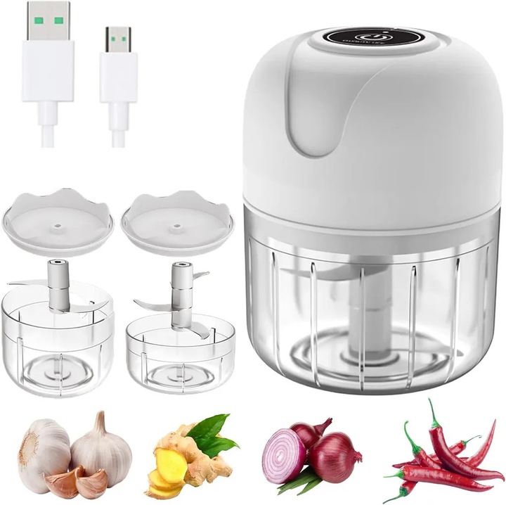Feliator electric pentru legume, mini tocator de usturoi, 100ml si 250ml, alb, 23W, set cu 2+3 lame