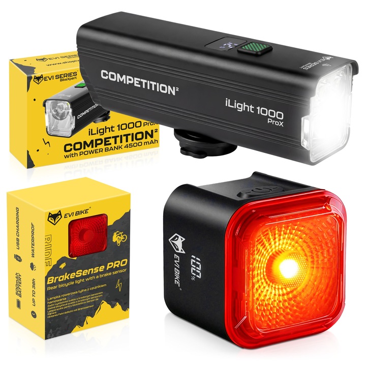 Set Lumini Bicicleta EVI BIKE, Far Fata iLight 1000 ProX 1200 Lumeni, Acumulator 4500mAh + Stop Spate BrakeSense PRO cu Senzor de Franare Inteligent, USB-C, Aluminiu, Negru