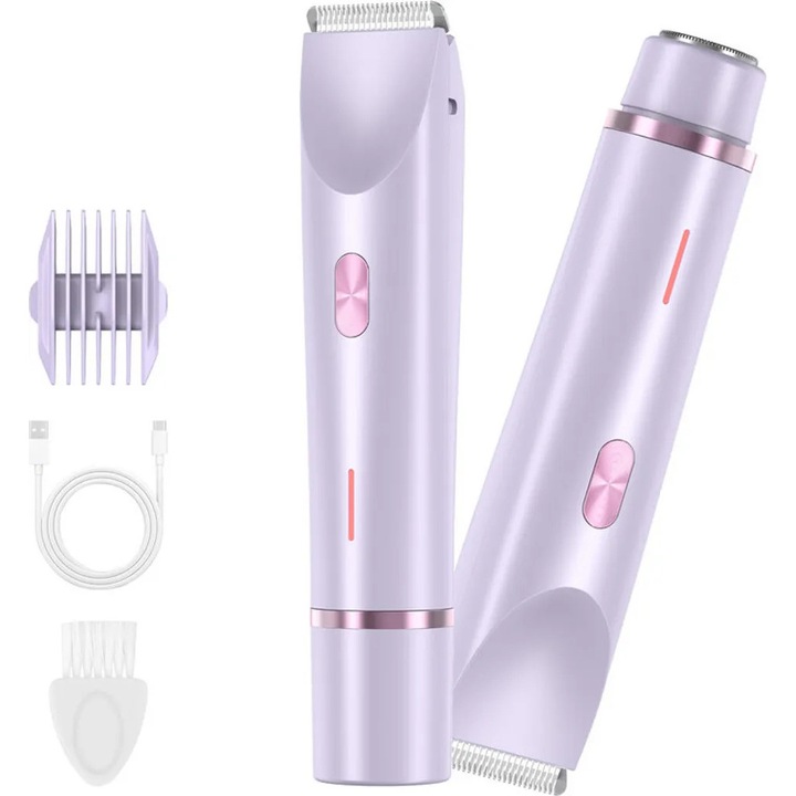 Aparat de tuns 2 in 1 pentru femei, trimmer bikini, utilizare umeda si uscata, IPX7, roz/purpuriu/albastru, cu 2 capete interschimbabile