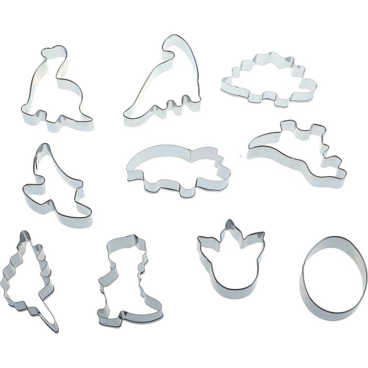 Set forme prajituri din otel inoxidabil, 10 modele dinozauri, usor de curatat, reutilizabile