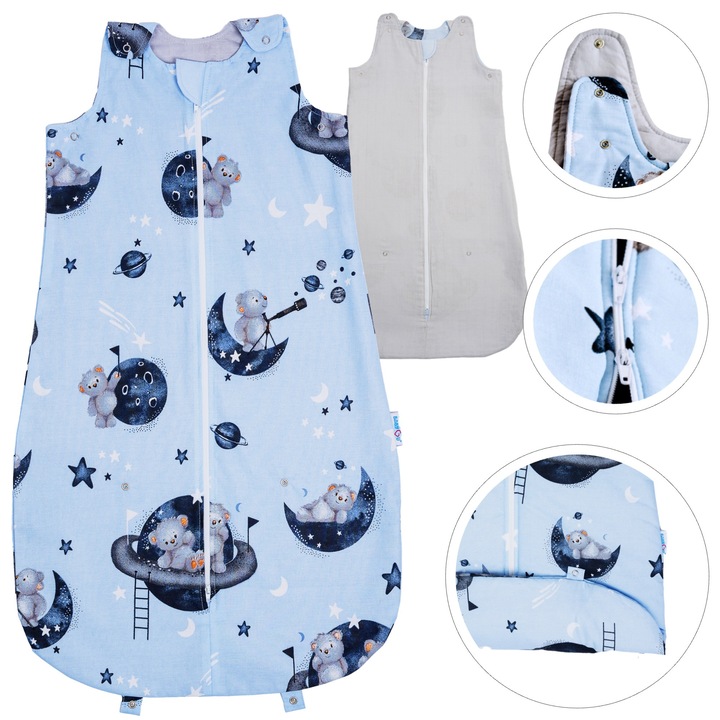 Sac de Dormit de Vara Pentru Bebelusi BabyU, Model LUNA, Fermoar cu Dublu Sens, Lungime si Latime Reglabila, Protectie Moale Pentru Barbie, Hipoalergenic, Bumbac Certificat, Captuseala din Muselina, 0.5 TOG, 0-18 Luni