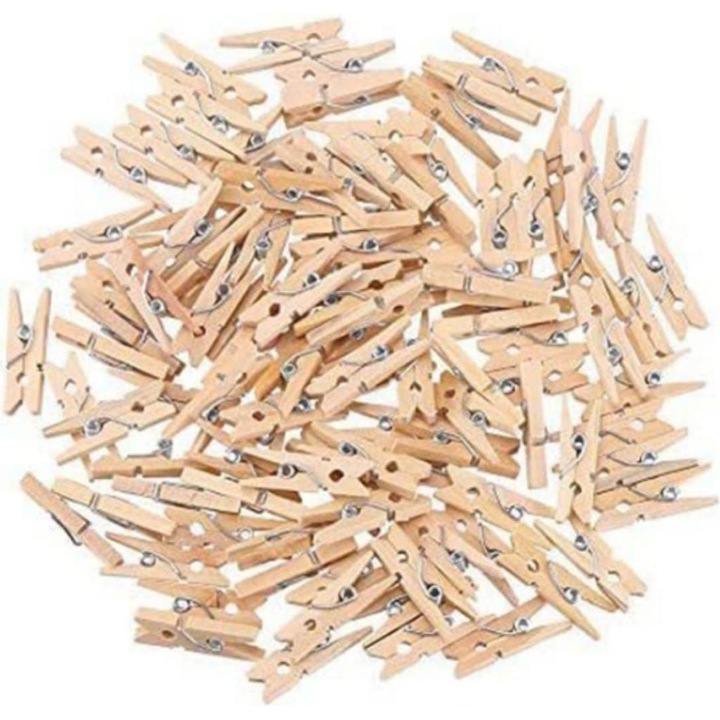 Set de 100 cleme mini din lemn natural, reutilizabile, 2.5x0.3cm, pentru decorare si crafturi