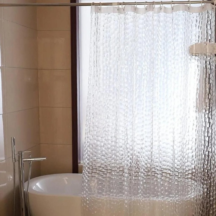 Cortina de dus transparenta 3D, material EVA, impermeabila, 180x200cm, set de accesorii pentru baie