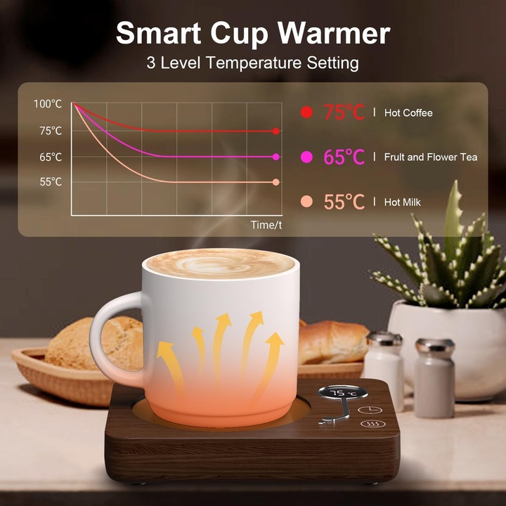 Termos pentru cafea cu senzor de gravitate, 3 setari de temperatura, finisaj lemn, 4 ore oprire automata