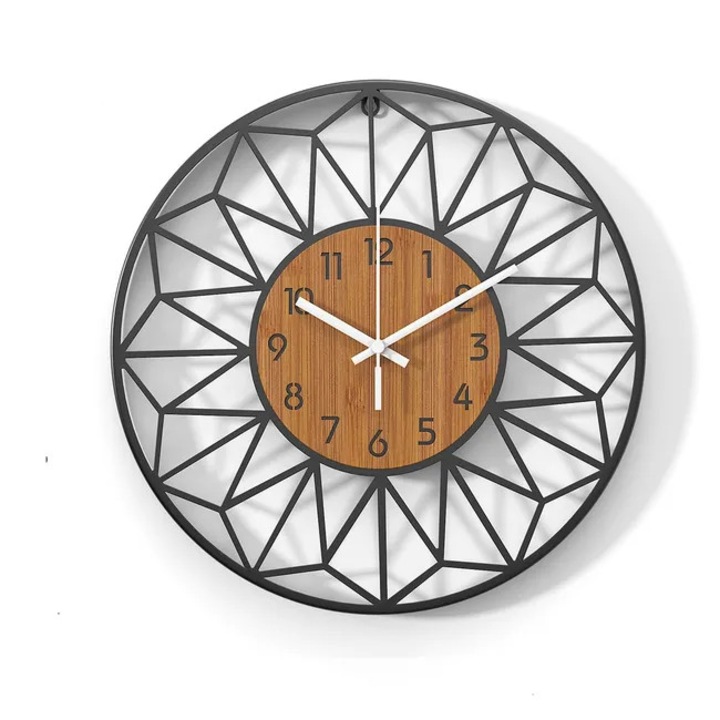 Ceas decorativ perete din lemn masiv si metal, 30cm, miscare silentioasa