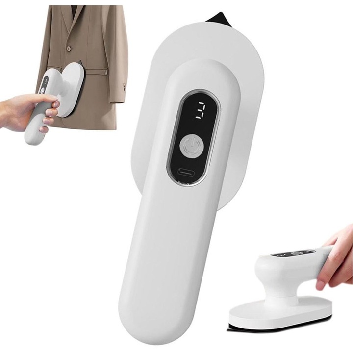 Fier de calcat mini fara fir, USB reincarcabil, talpa ceramica, 3 setari de temperatura, alb, 21x8.5x8.2cm
