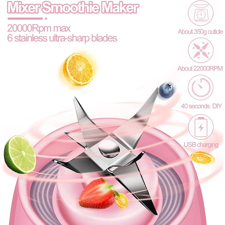 Hordozható turmixgép 6 pengével, 380ml, USB-ről tölthető, rózsaszín