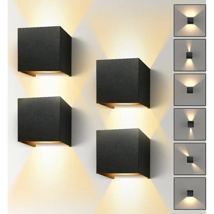 Set 4 aplice LED 12W, lumini de perete interioare/exterioare, unghi de fascicul ajustabil, lumina calda, 10x10x10cm