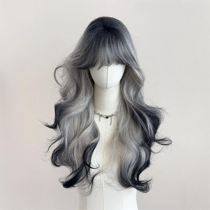 Peruca gradient cu breton drept, par lung si ondulat, model cu flori, set.