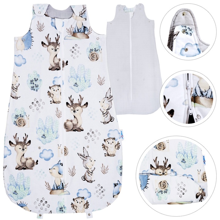 Sac de Dormit de Vara Pentru Bebelusi BabyU, Model BLISS, Fermoar cu Dublu Sens, Lungime si Latime Reglabila, Protectie Moale Pentru Barbie, Hipoalergenic, Bumbac Certificat, Captuseala din Muselina, 0.5 TOG, 0-18 Luni