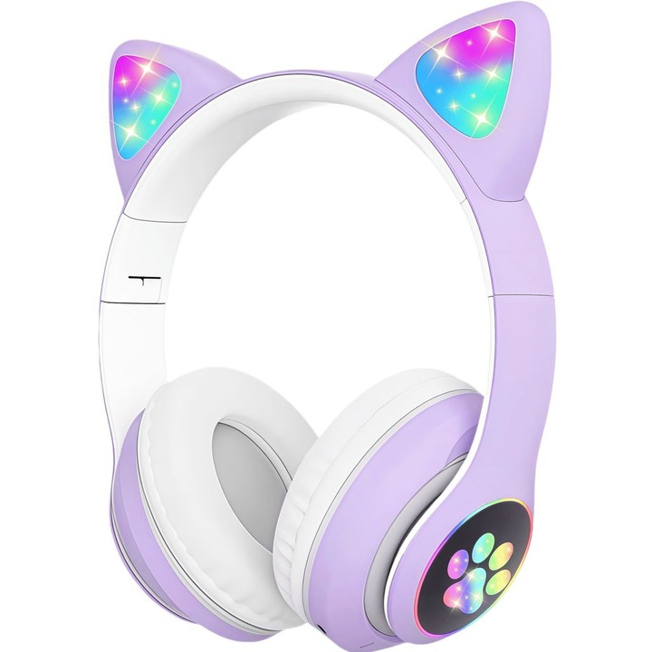 Casti wireless cu urechi de pisica, cu LED-uri, microfon, violet, pentru copii
