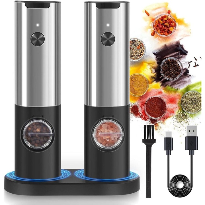 Set rasnite pentru sare si piper cu baza reincarcabila si lumina LED, operare cu o singura mana, dimensiune de macinare ajustabila, multicolor, 2 piese