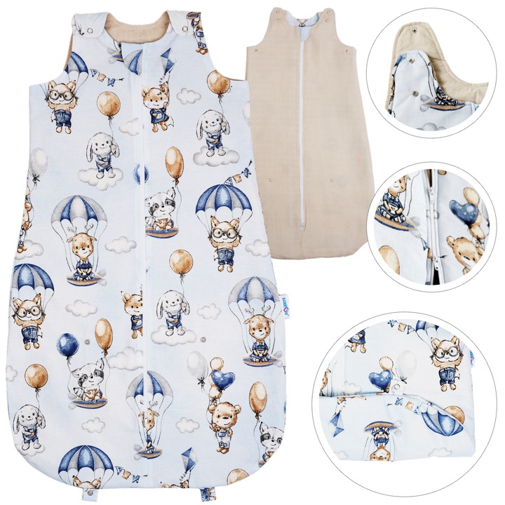 Sac de Dormit de Vara Pentru Bebelusi BabyU, Model AVIA, Fermoar cu Dublu Sens, Lungime si Latime Reglabila, Protectie Moale Pentru Barbie, Hipoalergenic, Bumbac Certificat, Captuseala din Muselina, 0.5 TOG, 0-18 Luni