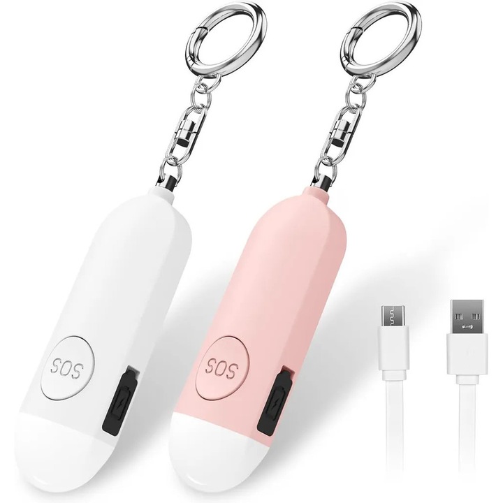 Brelocuri alarma autoaparare cu LED, set de 2, 130dB, design portabil, incarcare USB-C